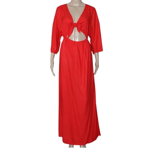 By Anthropologie Tie-Front Cover-Up Dress V Neck Red Long Slit Midi XXS - Picture 2 of 11